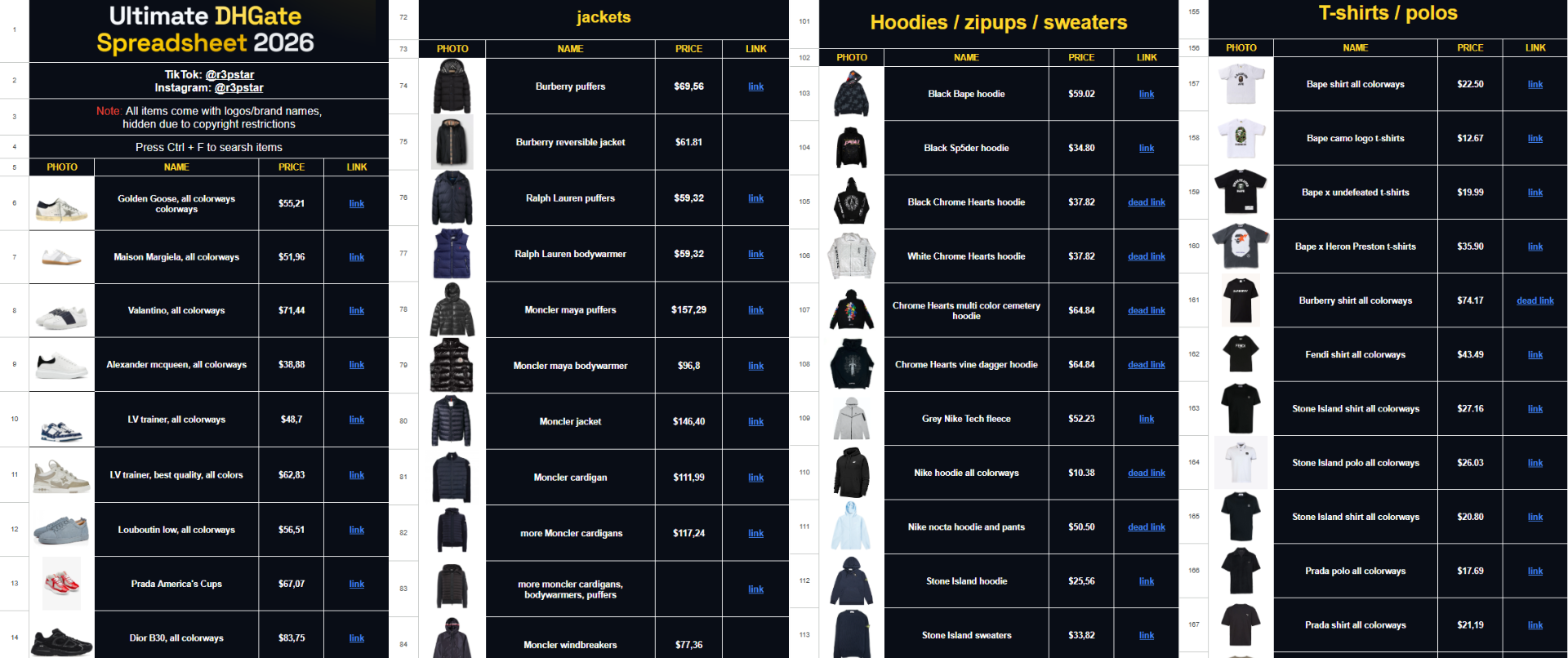 Preview of the DHGate spreadsheet showing sneakers, jackets, hoodies and t-shirts